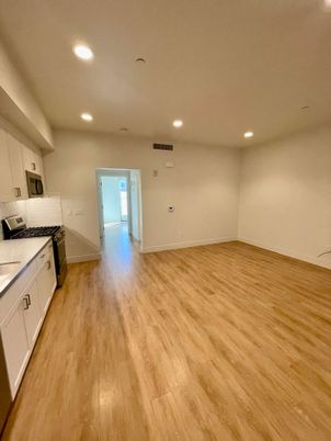 Empty room, Interior, Kitchen, Recessed Lighting, Wood Texture Flooring