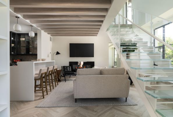 Interior, Living room, Pendant Lights, Wood Texture Flooring
