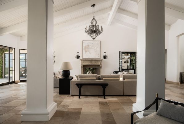 Chandelier, Fireplace, Interior, Living room, Pendant Lights, Wooden Ceilings