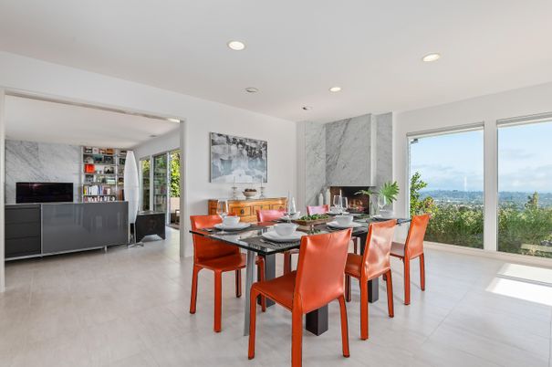 Dining room, Fireplace, Interior, Marble Walls, Recessed Lighting