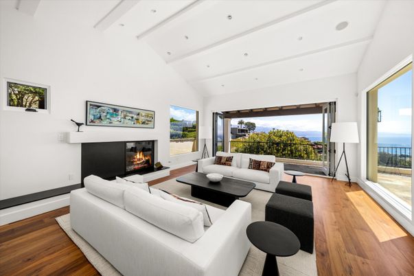 Fireplace, Interior, Living room, Recessed Lighting, Water, Wood Texture Flooring