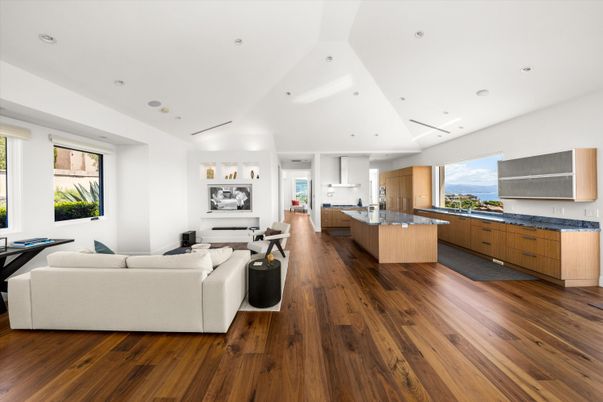 Interior, Kitchen, Living room, Recessed Lighting, Wood Texture Flooring