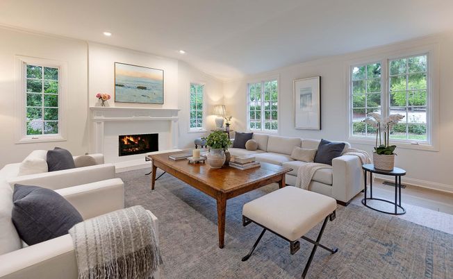 Fireplace, Interior, Living room, Recessed Lighting, Wood Texture Flooring