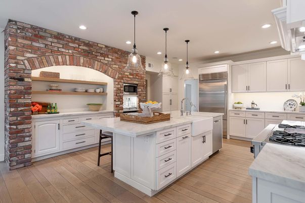 Interior, Kitchen, Pendant Lights, Recessed Lighting, Stainless Steel Appliances, Stone Walls, Wood Texture Flooring