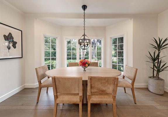 Dining room, Interior, Pendant Lights, Wood Texture Flooring