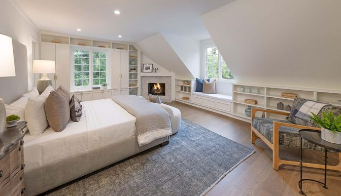 Bedroom, Fireplace, Interior, Recessed Lighting, Wood Texture Flooring