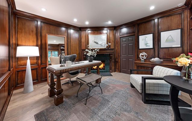 Fireplace, Home Office, Interior, Recessed Lighting, Wood Texture Flooring, Wooden Walls