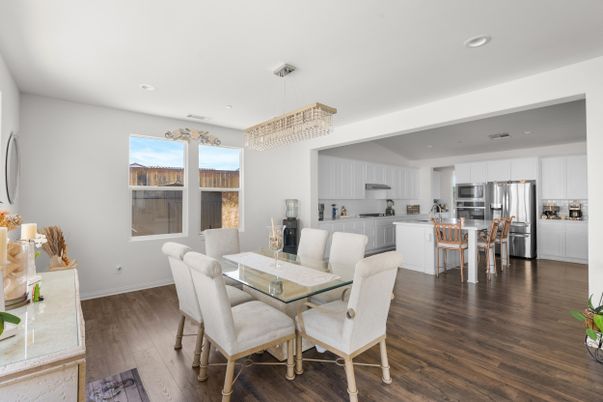 Chandelier, Dining room, Interior, Kitchen, Recessed Lighting, Stainless Steel Appliances, Wood Texture Flooring