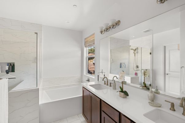 Bathroom, Dual Sink Vanities, Glass Shower, Interior, Marble Walls, Recessed Lighting