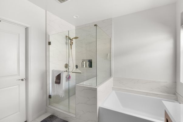 Bathroom, Glass Shower, Interior, Marble Walls, Recessed Lighting