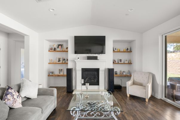Fireplace, Interior, Living room, Recessed Lighting, Wood Texture Flooring