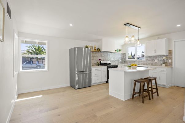 Interior, Kitchen, Pendant Lights, Recessed Lighting, Stainless Steel Appliances, Wood Texture Flooring