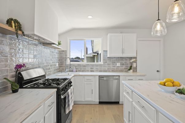 Interior, Kitchen, Pendant Lights, Recessed Lighting, Stainless Steel Appliances, Wood Texture Flooring