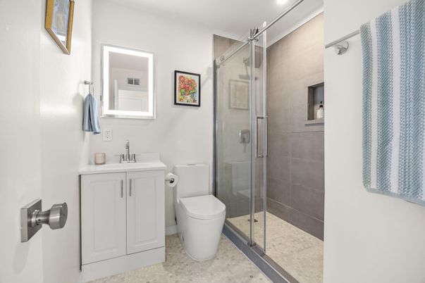 Bathroom, Glass Shower, Interior, Recessed Lighting