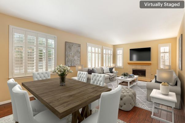 Dining room, Fireplace, Interior, Living room, Wood Texture Flooring