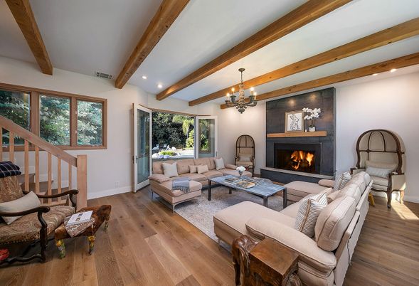 Chandelier, Fireplace, Interior, Living room, Recessed Lighting, Wooden Beams, Wood Texture Flooring