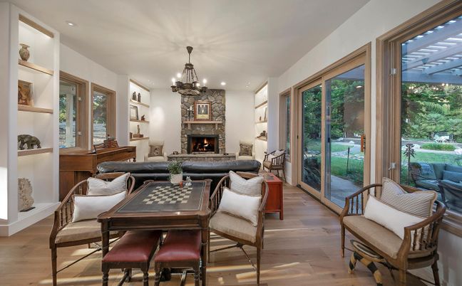 Chandelier, Dining room, Fireplace, Interior, Living room, Recessed Lighting, Wood Texture Flooring