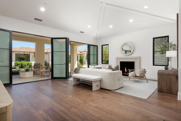 Fireplace, Interior, Living room, Recessed Lighting, Wood Texture Flooring