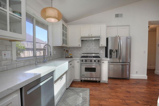 Interior, Kitchen, Pendant Lights, Stainless Steel Appliances, Wood Texture Flooring