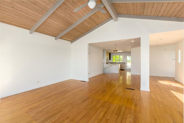 Empty room, Interior, Kitchen, Pendant Lights, Recessed Lighting, Wooden Beams, Wooden Ceilings, Wood Texture Flooring
