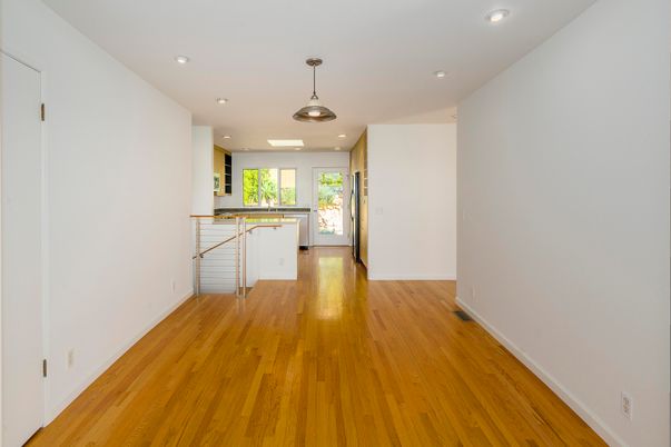 Empty room, Interior, Kitchen, Pendant Lights, Recessed Lighting, Wood Texture Flooring