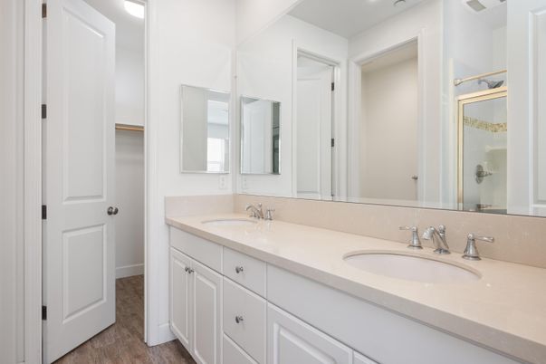 Bathroom, Dual Sink Vanities, Interior, Recessed Lighting, Wood Texture Flooring