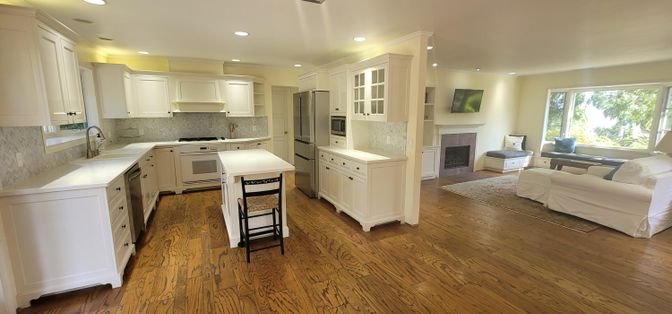 Fireplace, Interior, Kitchen, Living room, Recessed Lighting, Stainless Steel Appliances, Wood Texture Flooring