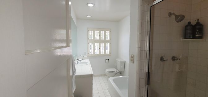 Bathroom, Glass Shower, Interior, Recessed Lighting, Tile Countertops