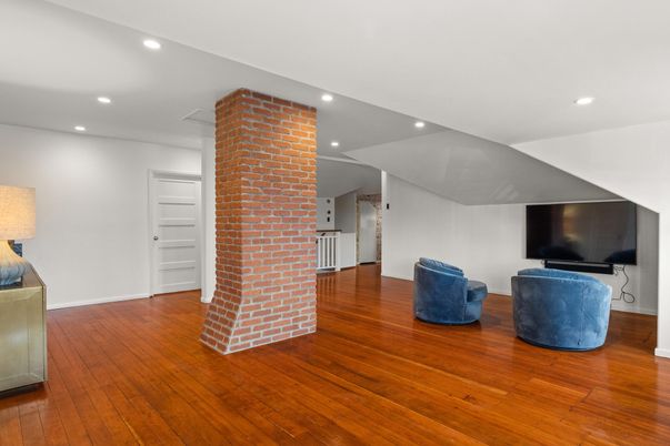 Empty room, Interior, Recessed Lighting, Stone Walls, Wood Texture Flooring