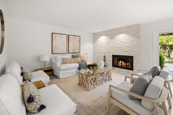 Fireplace, Interior, Living room, Recessed Lighting, Stone Walls