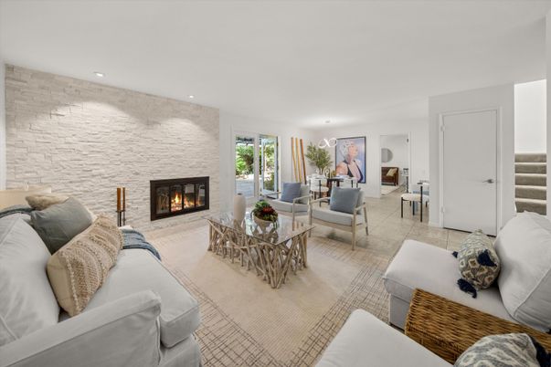 Fireplace, Interior, Living room, Recessed Lighting, Stone Walls