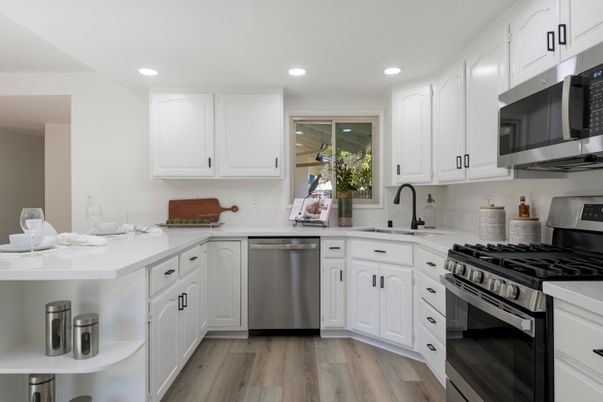 Interior, Kitchen, Recessed Lighting, Stainless Steel Appliances, Wood Texture Flooring