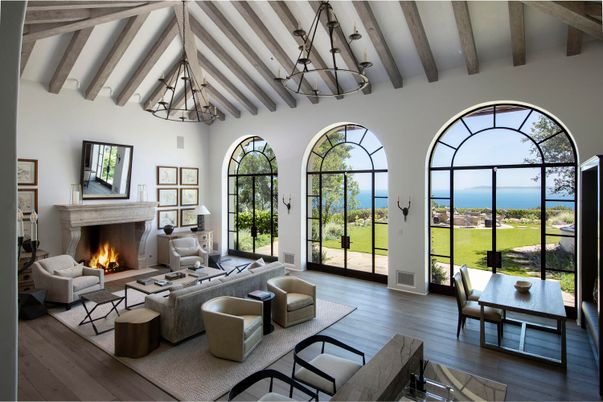 Chandelier, Fireplace, Interior, Living room, Water, Wooden Beams, Wood Texture Flooring