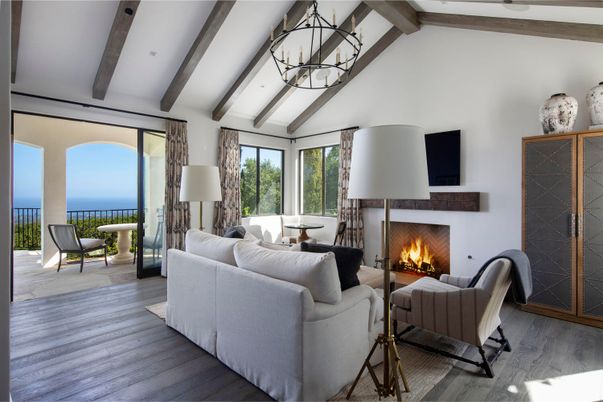 Chandelier, Fireplace, Interior, Living room, Water, Wooden Beams, Wood Texture Flooring