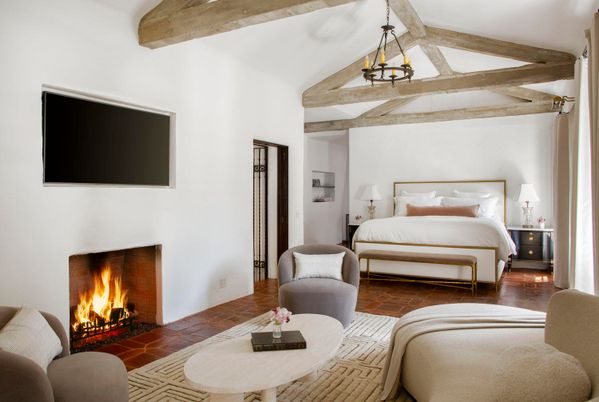 Bedroom, Fireplace, Interior, Pendant Lights, Wooden Beams