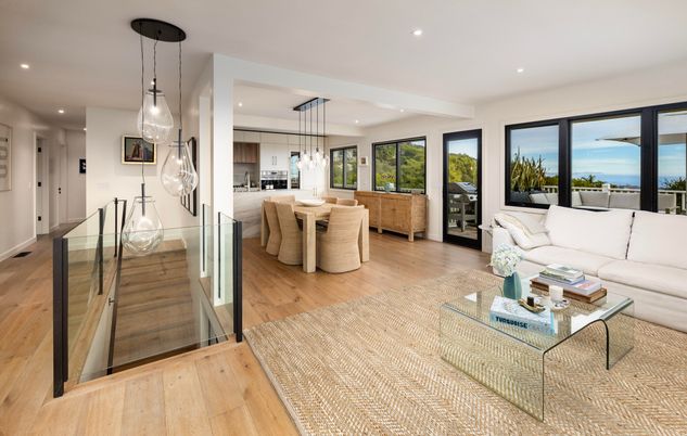 Dining room, Interior, Kitchen, Living room, Pendant Lights, Recessed Lighting, Stainless Steel Appliances, Water, Wood Texture Flooring