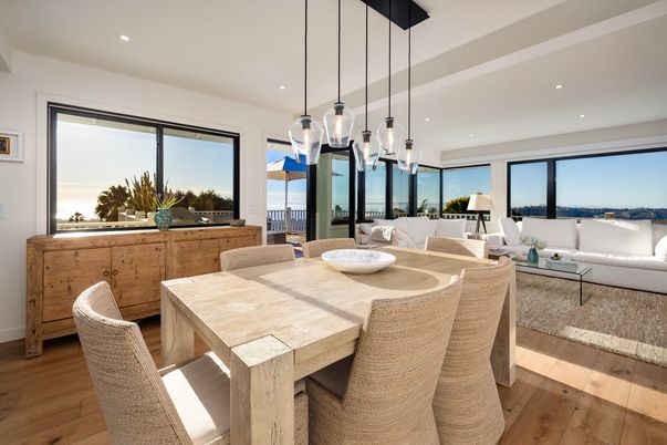 Dining room, Interior, Living room, Pendant Lights, Recessed Lighting, Water, Wood Texture Flooring