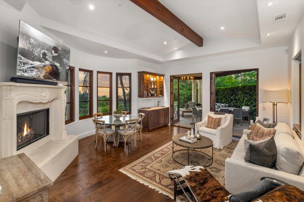 Dining room, Fireplace, Interior, Living room, Recessed Lighting, Wooden Beams, Wood Texture Flooring