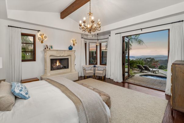 Bedroom, Chandelier, Fireplace, Interior, Wooden Beams, Wood Texture Flooring