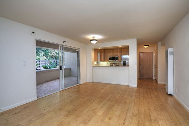 Empty room, Interior, Kitchen, Stainless Steel Appliances, Wood Texture Flooring