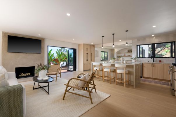 Fireplace, Interior, Kitchen, Living room, Pendant Lights, Recessed Lighting, Wood Texture Flooring
