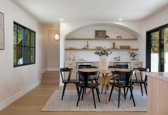 Dining room, Interior, Recessed Lighting, Wood Texture Flooring