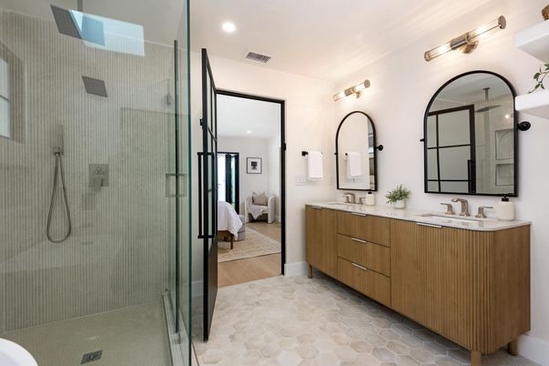 Bathroom, Bedroom, Dual Sink Vanities, Glass Shower, Interior, Recessed Lighting, Wood Texture Flooring