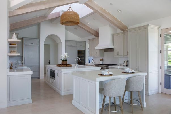 Interior, Kitchen, Pendant Lights, Recessed Lighting, Stainless Steel Appliances, Wooden Beams, Wood Texture Flooring