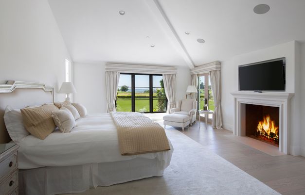 Bedroom, Fireplace, Interior, Recessed Lighting, Wood Texture Flooring