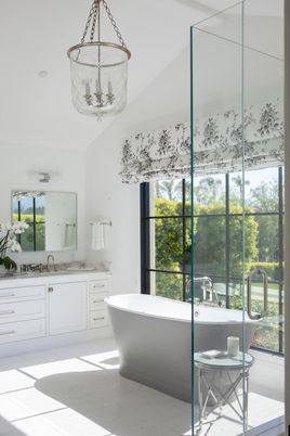 Bathroom, Chandelier, Dual Sink Vanities, Free Standing Baths, Glass Shower, Interior, Pendant Lights