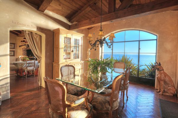Chandelier, Dining room, Interior, Water, Wooden Beams, Wooden Ceilings, Wood Texture Flooring