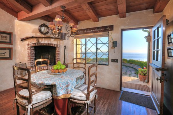 Dining room, Fireplace, Interior, Water, Wooden Beams, Wooden Ceilings, Wood Texture Flooring