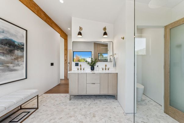 Bathroom, Interior, Marble, Recessed Lighting, Wood Texture Flooring