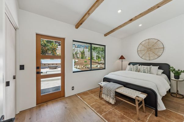 Bedroom, Interior, Recessed Lighting, Wooden Beams, Wood Texture Flooring